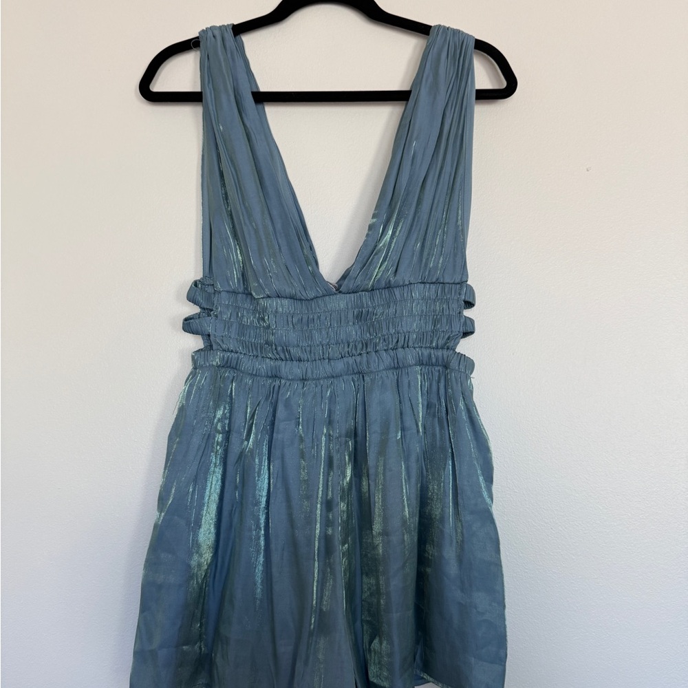 Sleeveless Iridescent Slate Blue V-Neck Romper